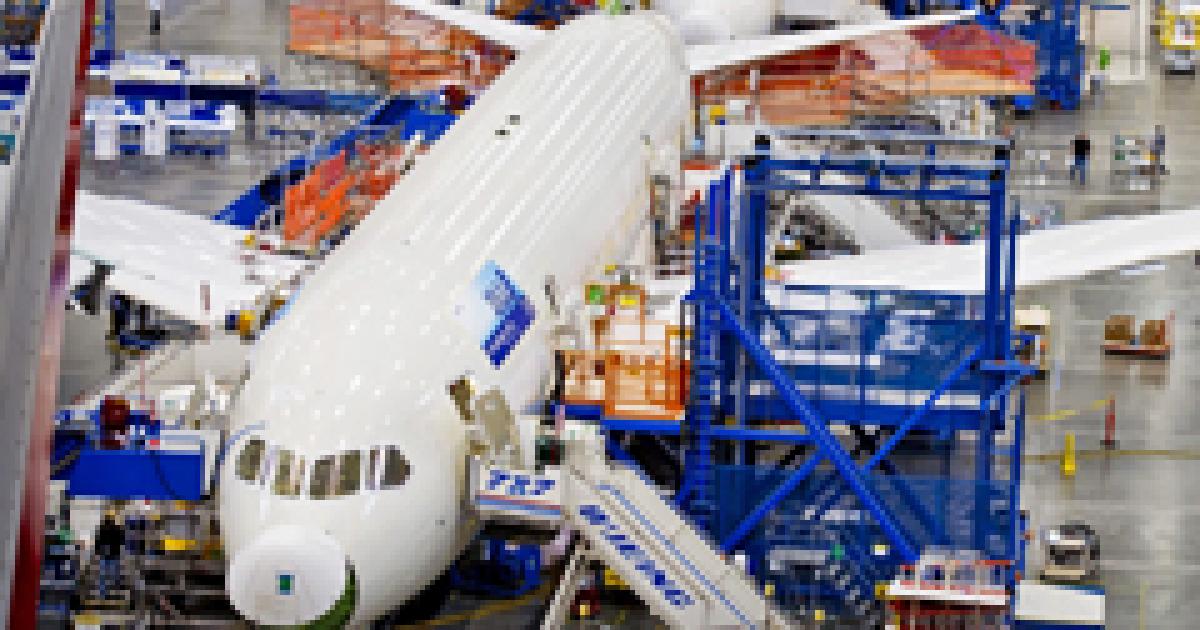Boeing’s 787 production line remains stalled as workers scramble to execute engineering changes. (Photo: Boeing)  