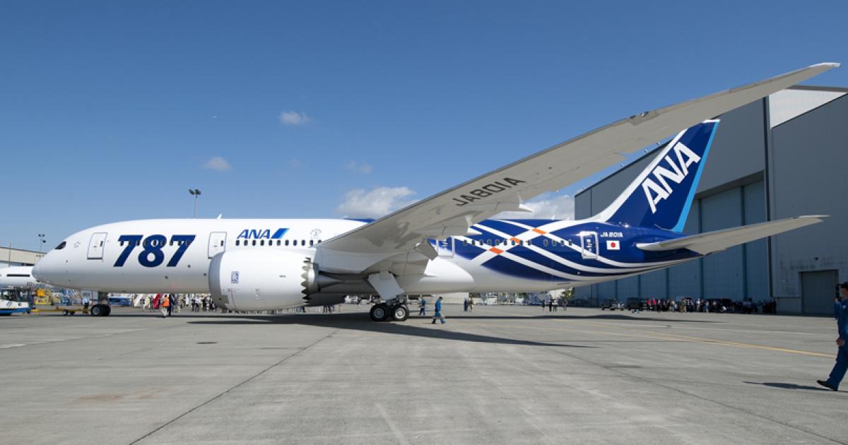 ANA’s first 787 Dreamliner rolled out of Boeing’s paint hangar in Everett, Wash., on August 6. (Photo: Boeing)