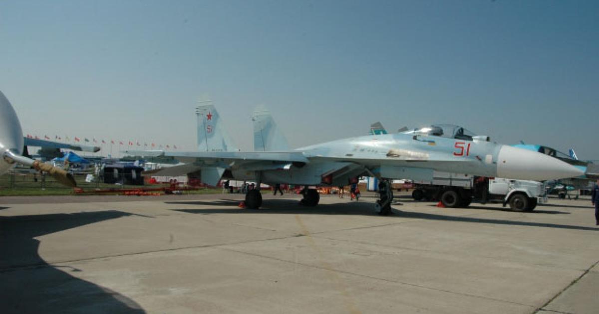 The latest upgrade to the Su-27 fighter was displayed at the Moscow Air Show last August. (Photo: Vladimir Karnozov) 