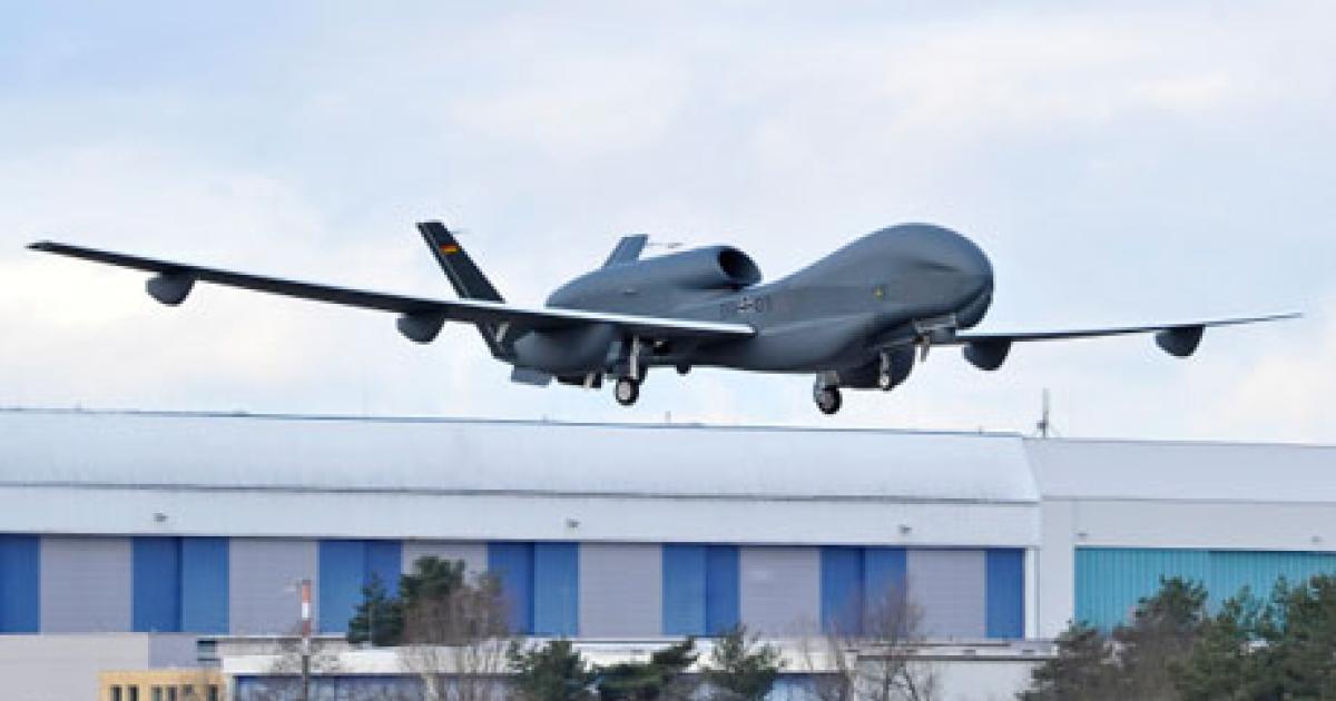 Germany’s Euro Hawk UAS performs its first signals intelligence sensor test flight on January 11 at Manching Air Base, Germany. (Photo: Northrop Grumman) 