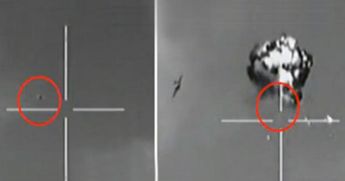 Video released by Israel apparently shows Israel’s shootdown of a Hezbollah UAV. In the left-hand frame the Python 5 missile can be seen approaching the circled UAV from the left. In the right-hand frame the F-16 fighter flies past the fireball. (Photo: IASF)