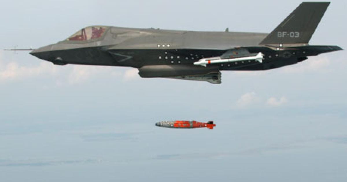 Flight-testing of the F-35 recently included the first weapons drops. Here, a 1,000-pound GPS-guided GBU-32 JDAM is released from an F-35B flying at 4,200 feet and 400 knots. (Photo: Lockheed Martin)