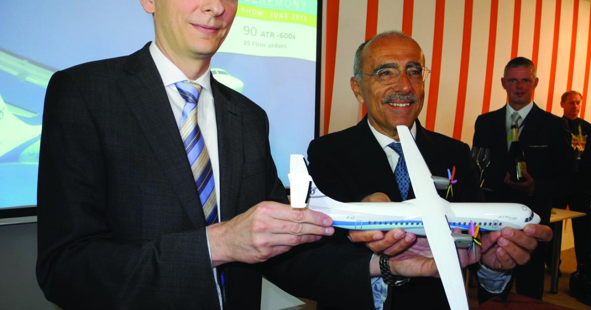 (left to right) Julian Jacome, Avianca COO, celebrates with Filippo Bagnato, CEO of ATR on delivery of Avianca’s first of 15 ATR 72-600s.