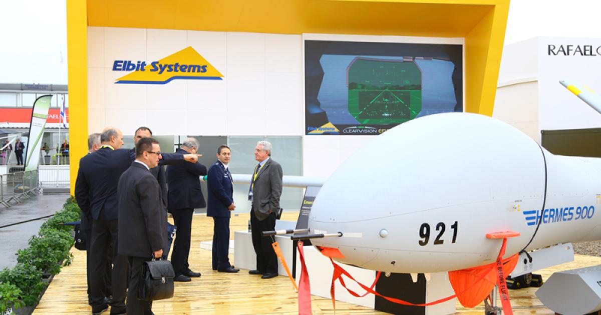 Plenty of new and unique equipment is on display in and outside Elbit Systems pavilion at the 2013 Paris Air Show. This includes the SPS-65-V5 self-protection system for the Hermes 900 and other UAVs; a wide-area full motion video sensor for the same drone; unattended ground sensors; and a "mini" version for helicopters of Music, the Elbit DIRCM system that protects airliners from ground-launched missiles. (Photo: David McIntosh)