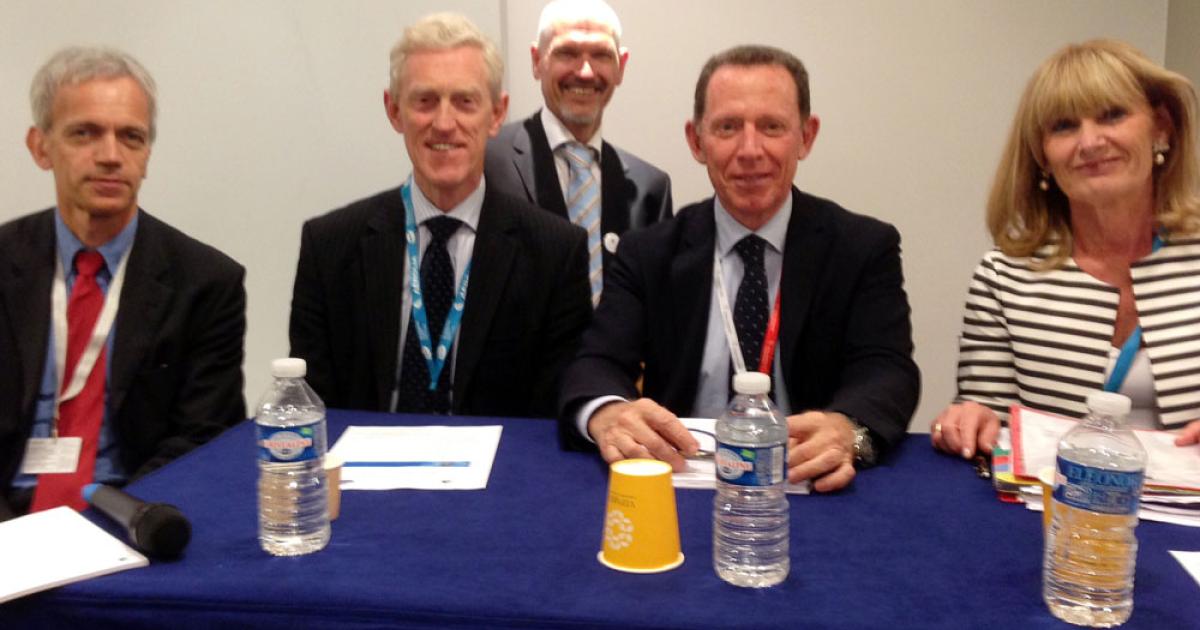 From left to right: Eric Dautriat, executive director, Clean Sky Joint Undertaking; Ray Kingcombe, head of technology, Aerospace Marine & Defence Unit, UK; Ron van Manen, Clean Sky technology evaluation officer and project officer, Clean Sky 2; Massimo Lucchesini, Chairman, Clean Sky, and General Manager COO, Alenia Aermacchi; and Manuela Soares, Director Transport, Research and Innovation, European Commission.