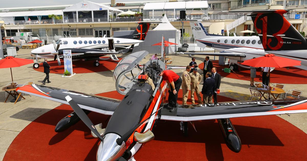 Beechcraft brought a T-6C Texan (foreground) to the Paris Air Show along with three examples of its popular King Air family. On the left in the background is a 350i, while the others are 350ERs.