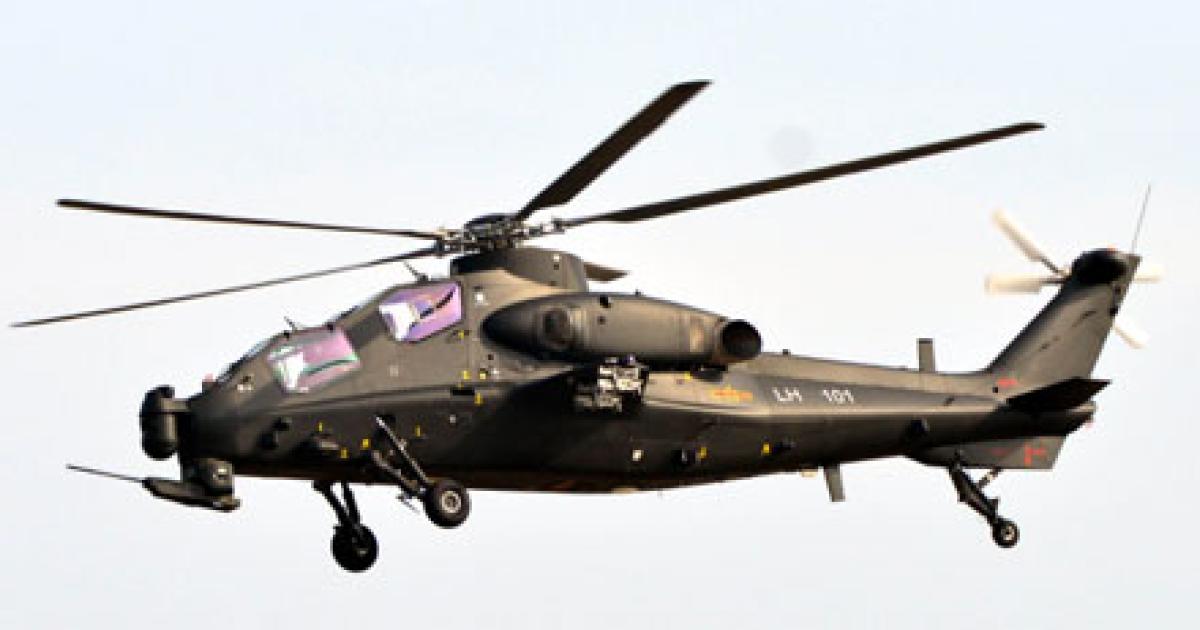 The Chinese Z-10 attack helicopter made its public debut at the Zhuhai airshow, although no new information was released. A smaller tandem-seat attack helicopter, the Z-19, was also shown briefly. (Photo: Vladimir Karnozov)