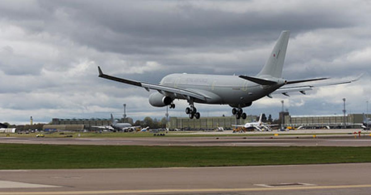 The first A330MRTT Voyager for the UK Royal Air Force lands at its homebase, Brize Norton. It is being used only for transport flights, with wing pods removed, pending the start of air refueling training. (Photo: AirTanker) 