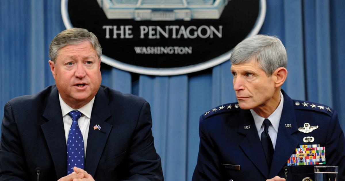 U.S. Air Force Secretary Michael Donley (left) and Gen. Norton Schwartz, Air Force chief of staff, explain force structure changes February 3 at the Pentagon. (Photo: Department of Defense)