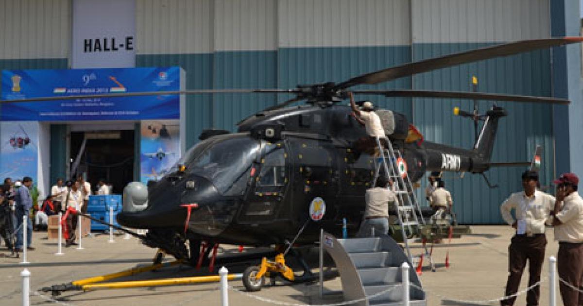 The Rudra, an armed version of HAL’s Dhruv, also known as the advanced light helicopter (ALH), is prepared for the static display at the Aero India show in Bangalore. (Photo: Vladimir Karnozov)