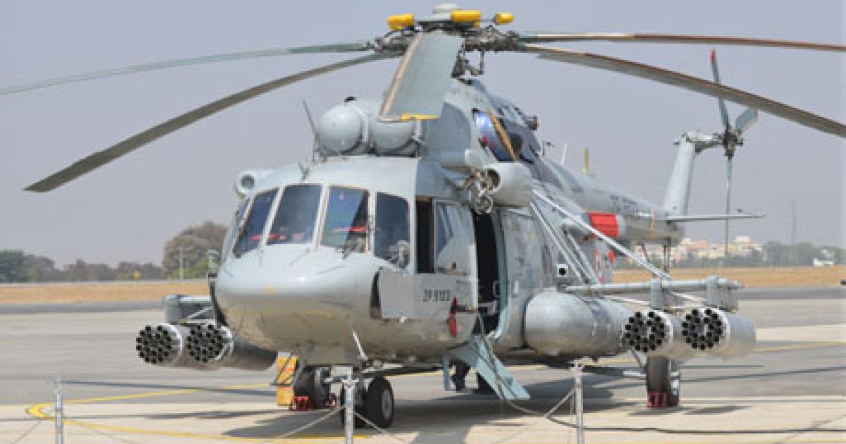 Up to 200 Mil Mi-17V5s could eventually be sold to India. This armed version was on display at the Aero India show this week (Photo: Vladimir Karnozov)   