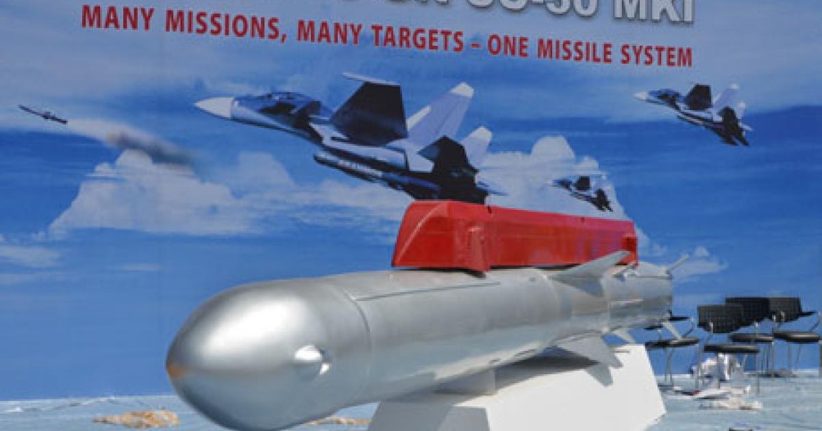 The air-launched version of the BrahMos missile under development by India and Russia was on display at the Aero India show. Also shown was a model of the hypersonic BrahMos 2. (Photo: Vladimir Karnozov)