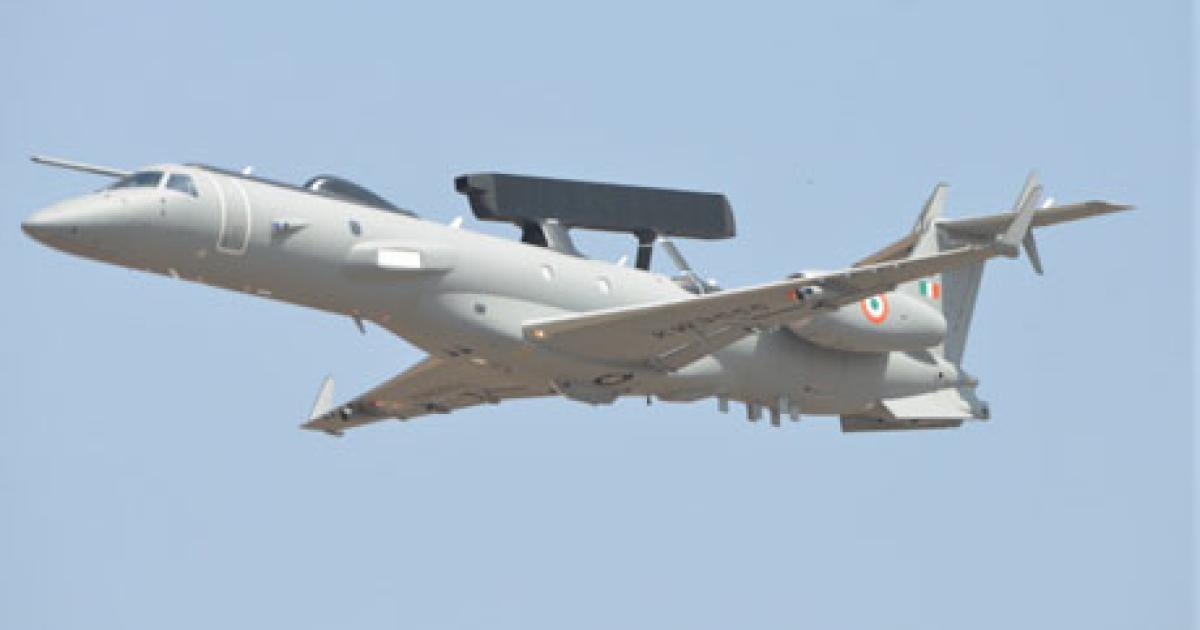 The Embraer 145 is the platform for India’s indigenous AEW&C development. The prototype aircraft is seen here during a flypast at the Aero India show. (Photo: Vladimir Karnozov)