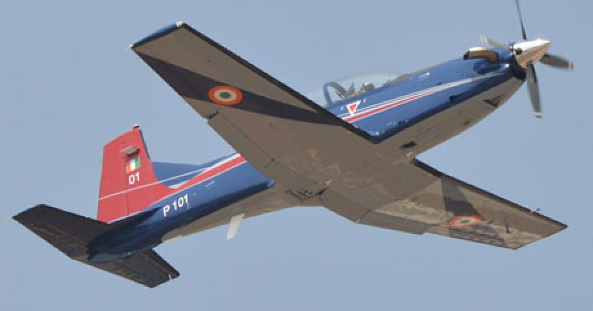 One of the first Pilatus PC-7 basic trainers to be delivered to the Indian air force was on display at the Aero India show. (Photo: Vladimir Karnozov)