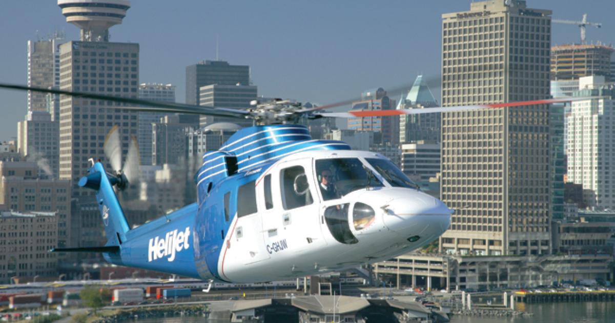 Helijet's high-time S-76 is shown over Vancouver.