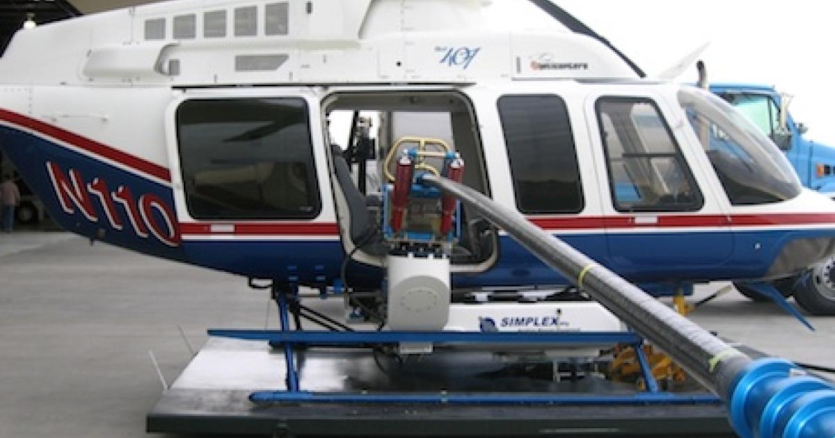 Simplex Aerospace's Aerial Cleaning System is available for both the Bell 407 (above) and the Eurocopter AS350/355 series. The system allows operators to clean wind turbine blades and power line insulators.