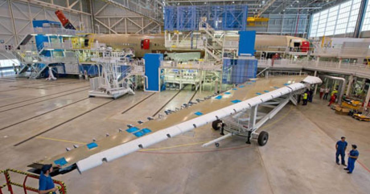 The Airbus factory in Toulouse, France, prepares to mate the first A350’s wing and fuselage. (Photo: Airbus)