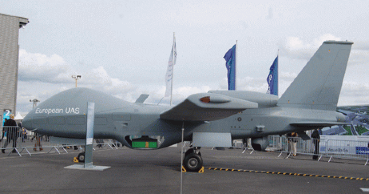 The Talarion MALE UAV proposed by EADS appeared in model form again at the ILA Berlin airshow, this time labeled as “European UAS.” (Photo: Chris Pocock)