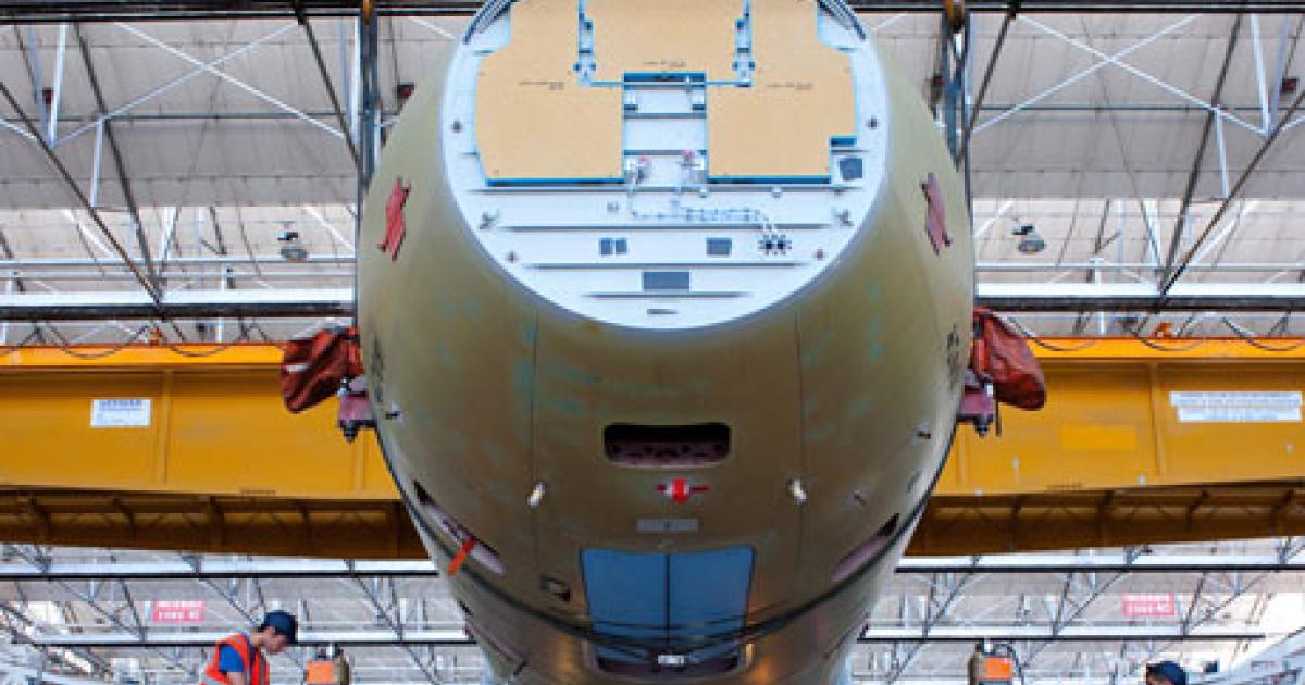 The airplane designated to succeed the A320 (above) could retain an aluminum fuselage but friction-stir welding could make riveting obsolete. (Photo: Airbus)