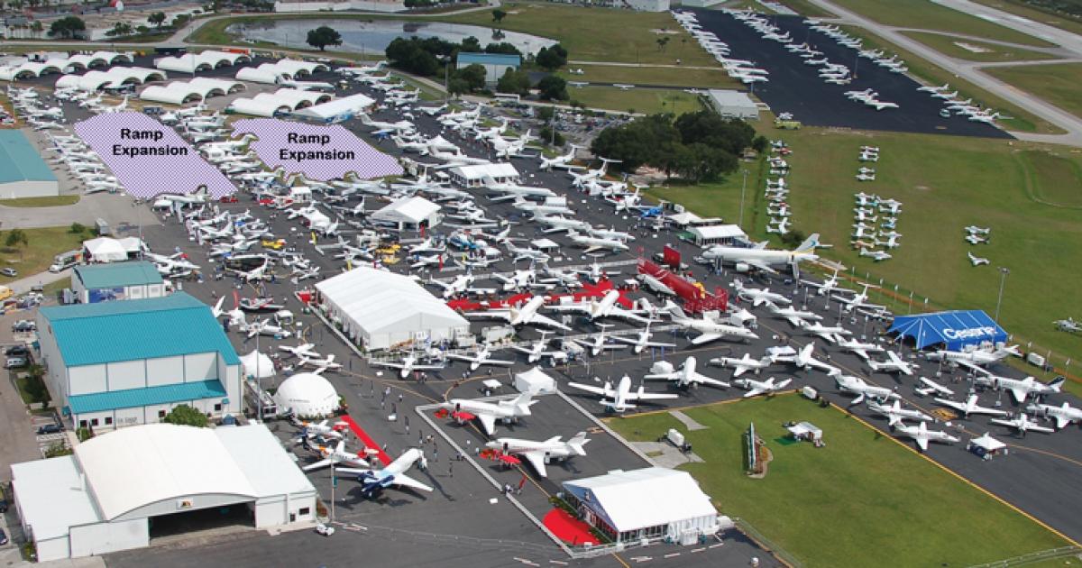 Showalter Flying Services, host of this year’s static display, recently expanded its ramp area (shown in purple at top left) and is showcasing close to 90 aircraft during this week’s NBAA Convention. Planning for the static display starts several months in advance.