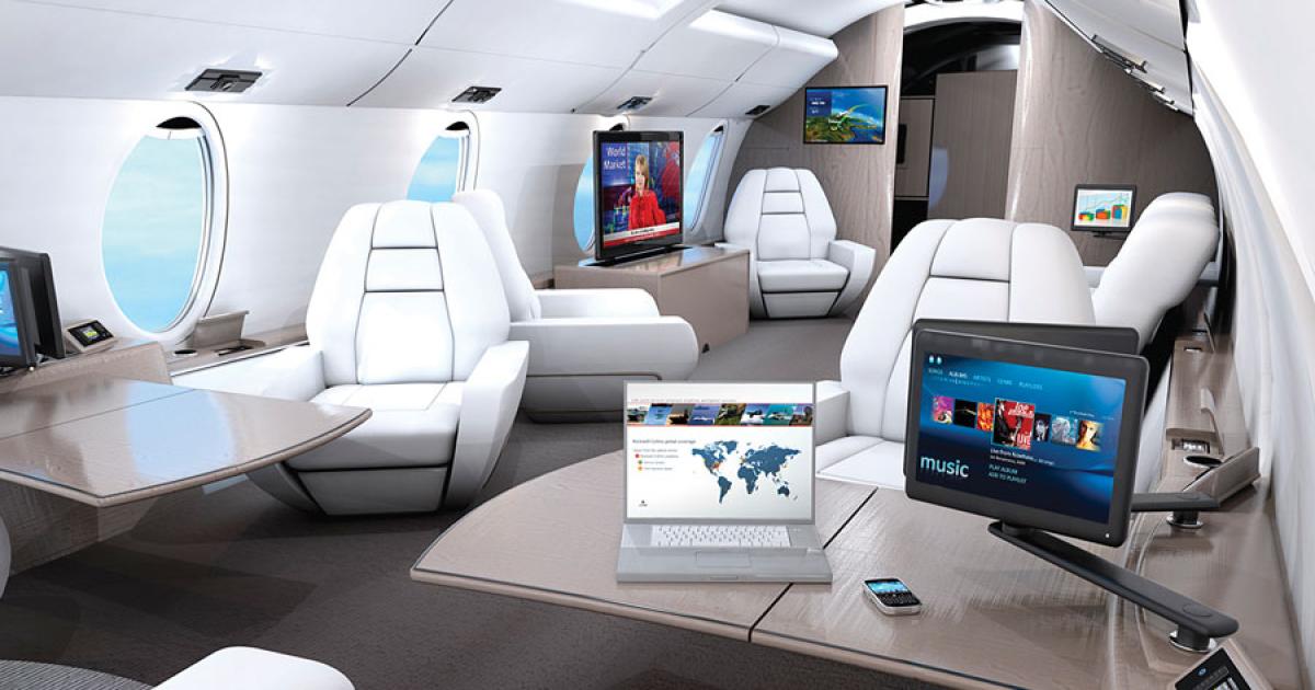 Rockwell Collins’ Venue HD cabin management system includes an Airshow 3-D moving map, Apple-enabling Skybox, the Paves family of in-flight entertainment and an HGS flight app.