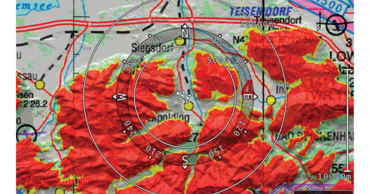 EuroNav’s digital terrain elevation model (DTED), depicted on a VFR chart, highlights topography and obstacles using pre-defined coloring models for real-time display of safe or unsafe terrain.