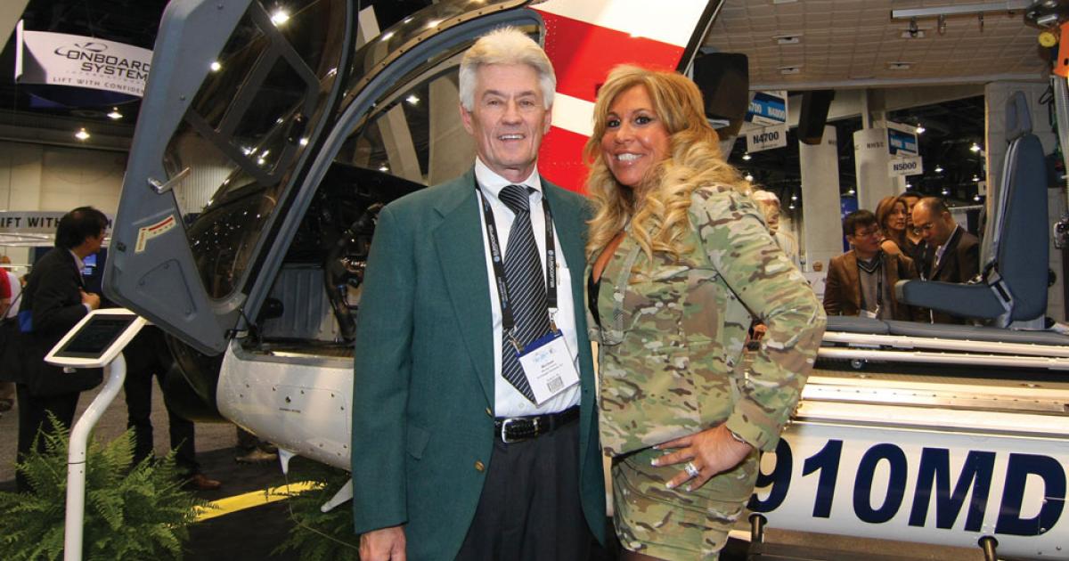 Michael Greene, CEO of  Archangel Systems, with Lynn Tilton, CEO of MD Helicopters, whose MD Explorer will use Archangel’s ADAHRS in its Universal Avionics flight deck.
