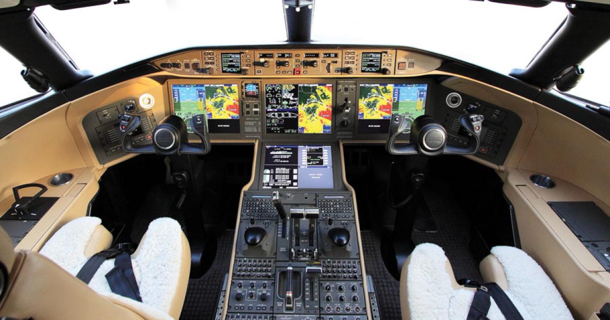 Bombardier’s Global Vision flight deck features synthetic vision on the HUD and four high-resolution, 15-inch active-matrix LCDs arranged in a T-shape. Charter provider Amira Air became the first operator to fly with the flight deck, installed in a Global 5000. 