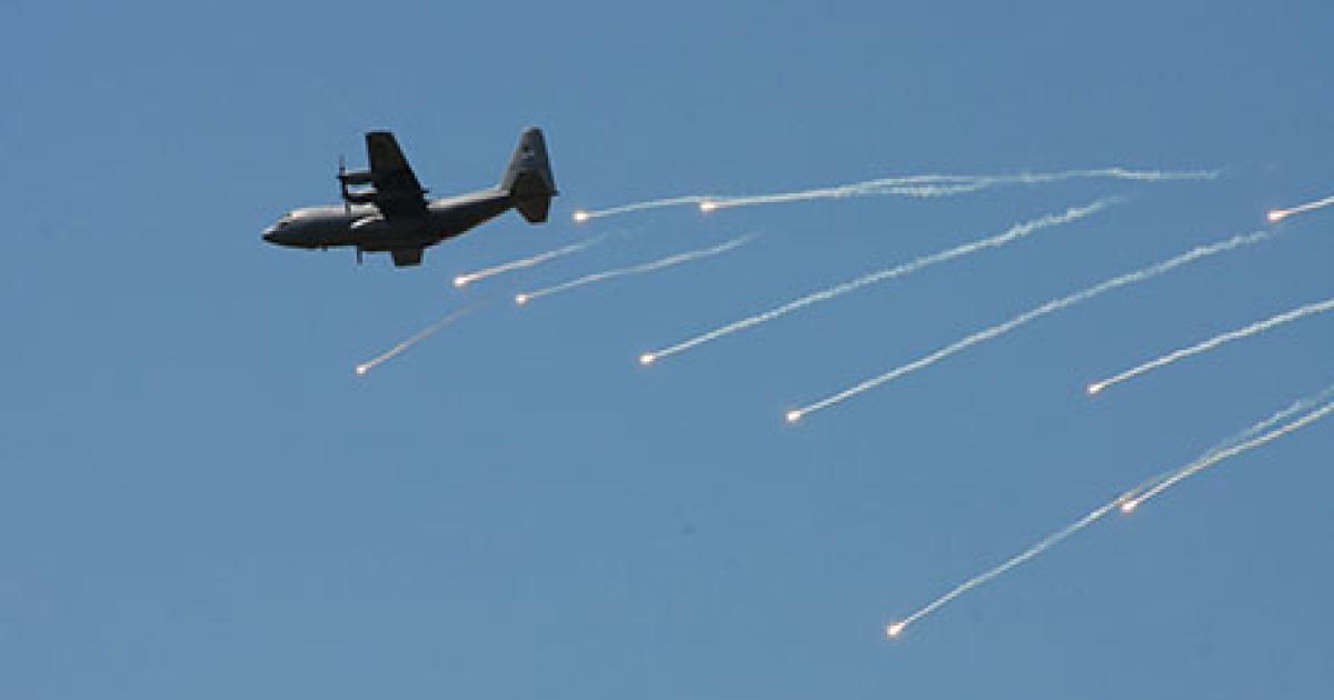 USAF C-130 drops flares over the Smoky Hill weapons range in Kansas.