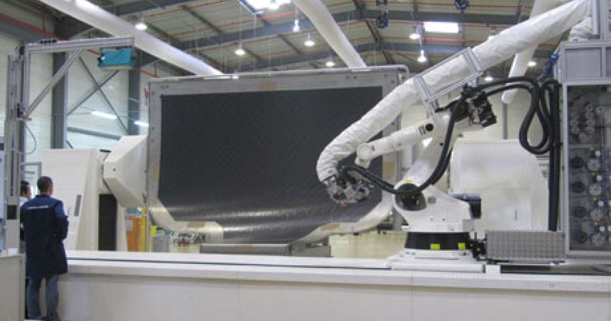 Daher-Socata makes the Airbus A350 XWB’s landing gear doors with composite materials, using automated fiber placement. 