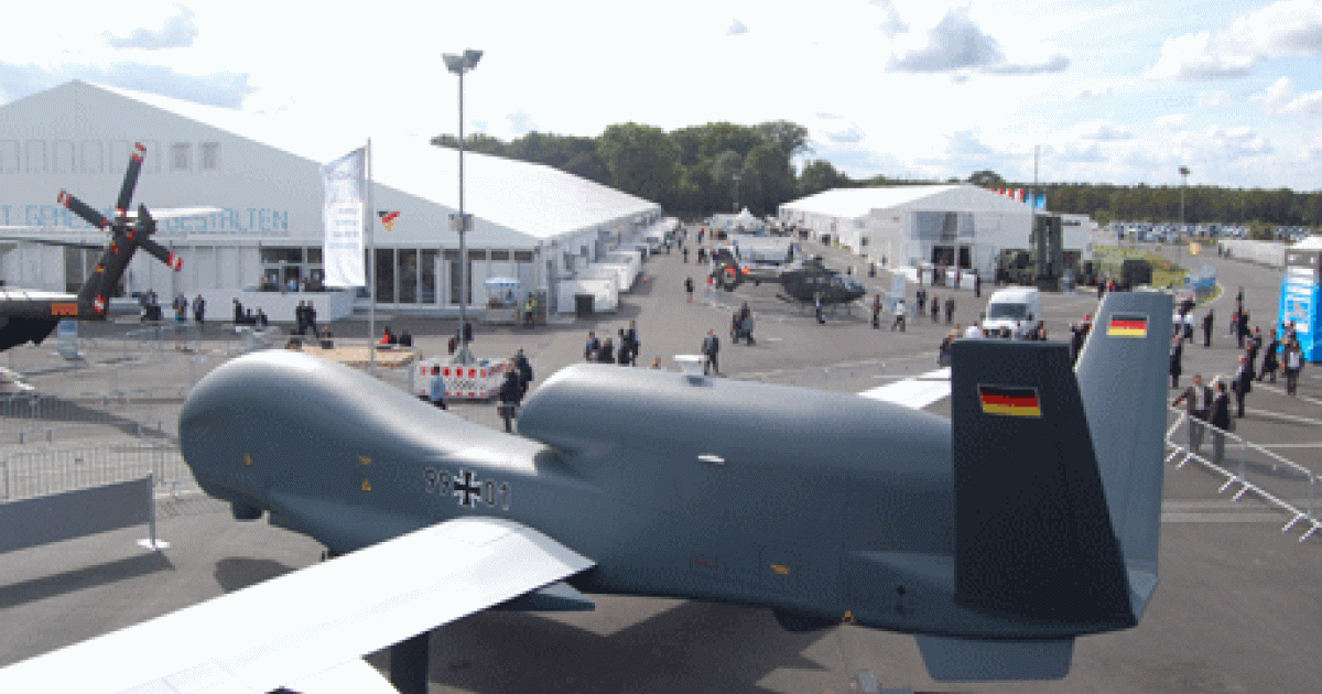 A view of the ILA Berlin airshow from the Northrop Grumman pavilion. The company described progress with two versions of the Global Hawk for European applications: the SIGINT Euro Hawk version for the German Air Force (seen here in full-scale model) and the imaging radar version for NATO’s Alliance Ground Surveillance (AGS) system. (Photo: Chris Pocock)
