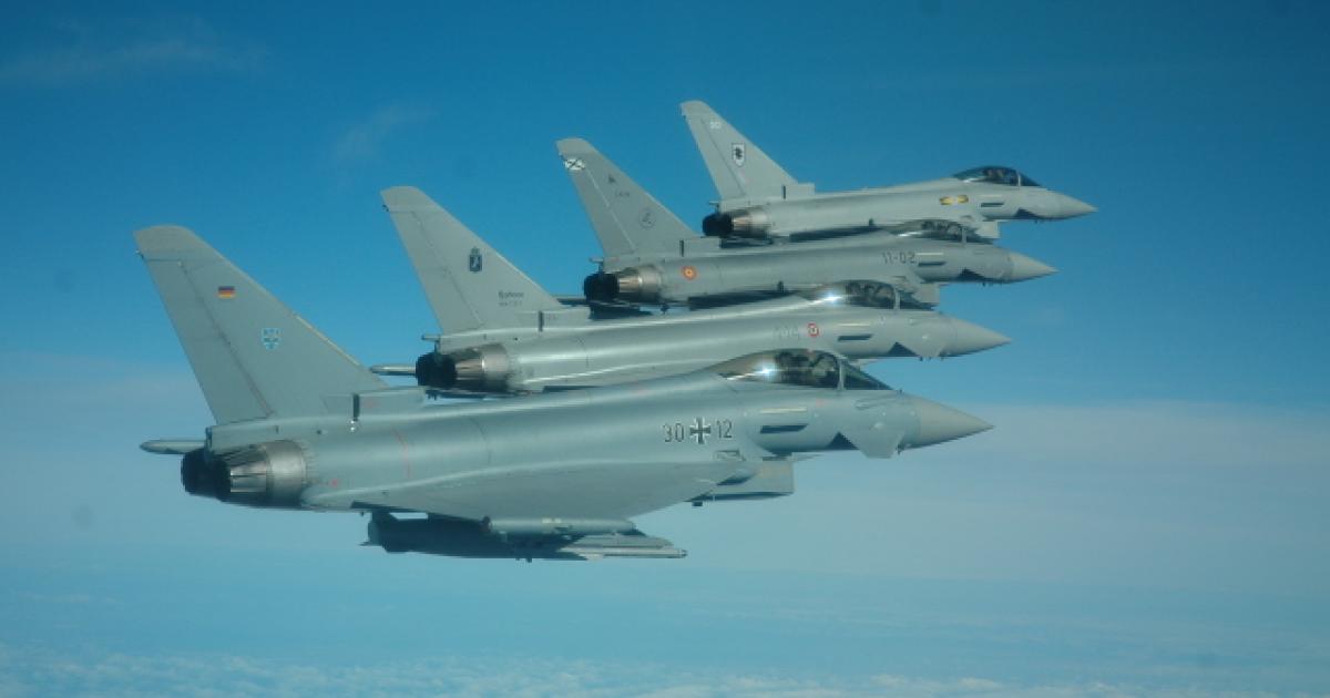 Eurofighters from the four European partner nations fly in formation. Eurofighter signed a five-year support contract with its European partner nations for the combat jet. (Photo: Eurofighter)