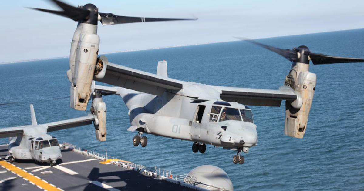 An MV-22 Osprey lifts off from the U.S.S. Kearsarge earlier this year. Operations remained on track despite an April 11 crash, program officials said. (Photo: U.S. Marine Corps)