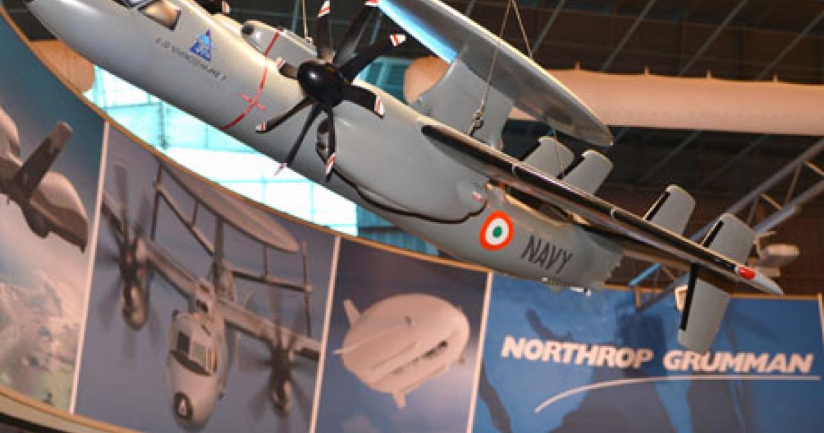 Northrop Grumman has sales campaigns for the E-2D Hawkeye AEW aircraft under way in Malaysia, the UAE and India (as seen here with a model displayed at the last Aero India show. (Photo: Vladimir Karnozov) 