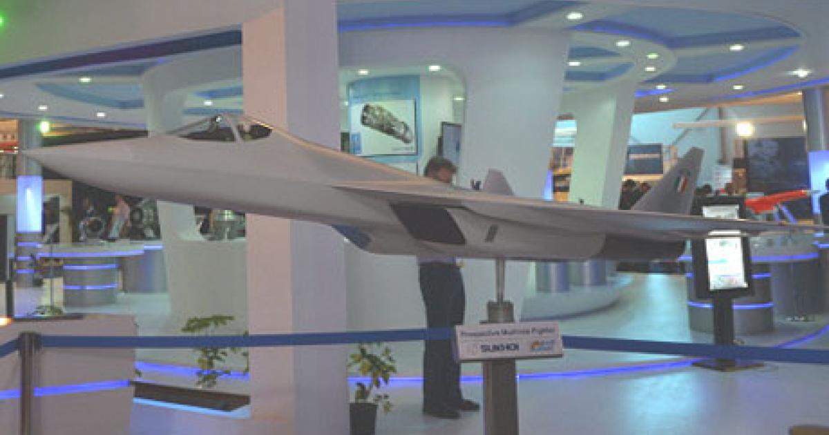 This model of the Prospective Multirole Fighter (PMF) in Indian Air Force markings was displayed at the recent Aero India show in Bangalore. (Photo: Vladimir Karnozov)