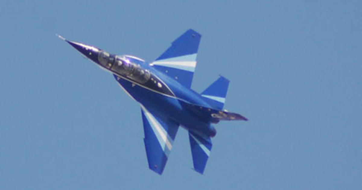 China displayed a prototype L-15 advanced jet trainer at the 2009 Dubai Air Show. (Photo: Chris Pocock) 