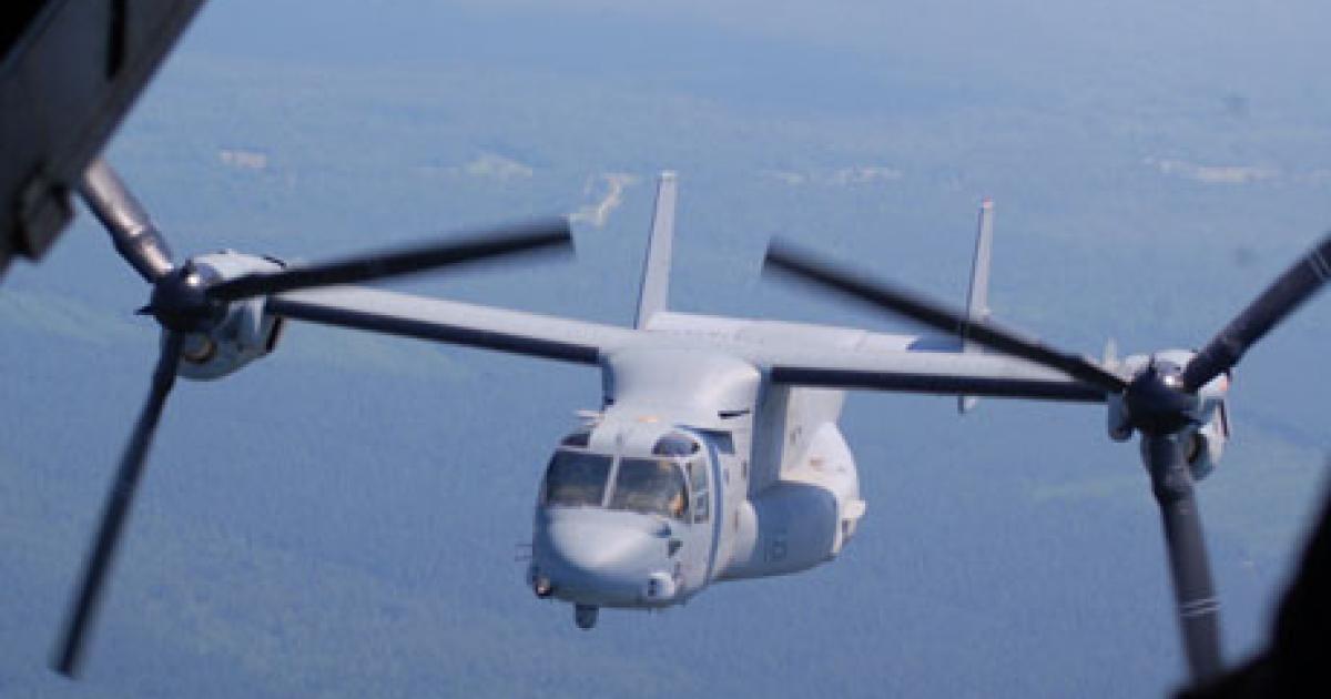 A Bell-Boeing V-22 is seen in flight from the open rear ramp of another Osprey. Israel will be the first export customer. (Photo: Chris Pocock)