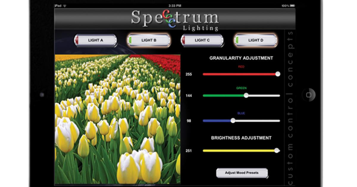 Custom Control Concepts’ digital cabin management system provides Spectrum Lighting that permits infinite control of cabin lighting from an Apple or Android device, allowing users to match colors on a tablet image.