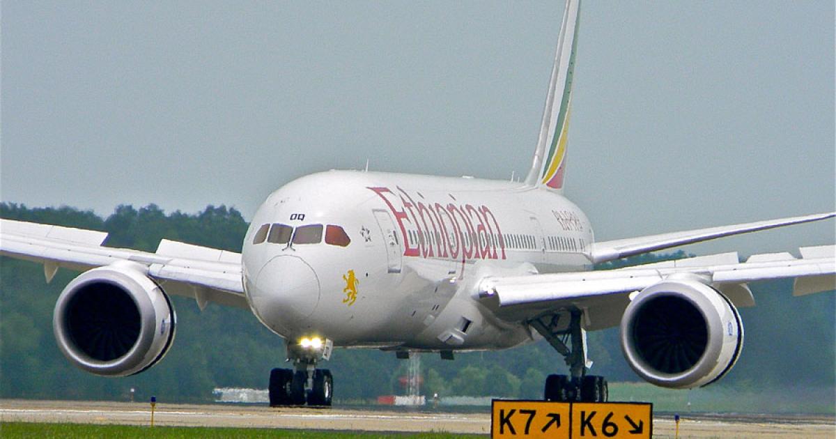 The first Boeing 787 delivered to Ethiopian Airlines, named “Africa First,” lands at Washington Dulles International Airport on August 15. The aircraft departed the following day on its first revenue flight to Addis Ababa. (Photo: Bill Carey)