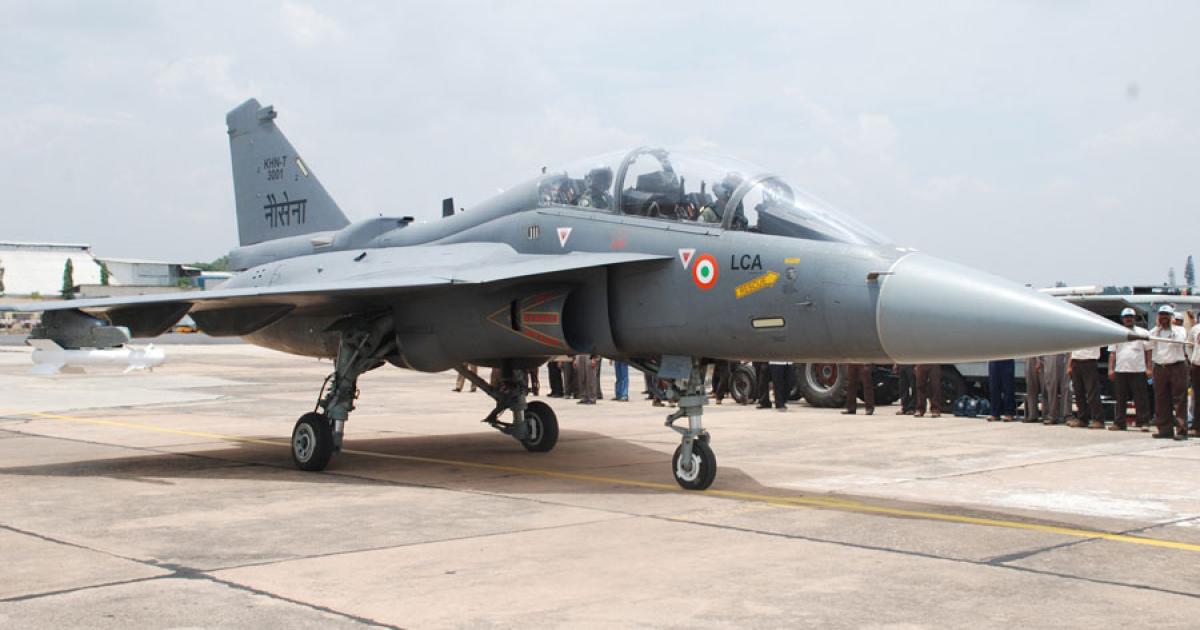 The naval prototype of India’s Tejas light combat aircraft made its first test flight on April 27.