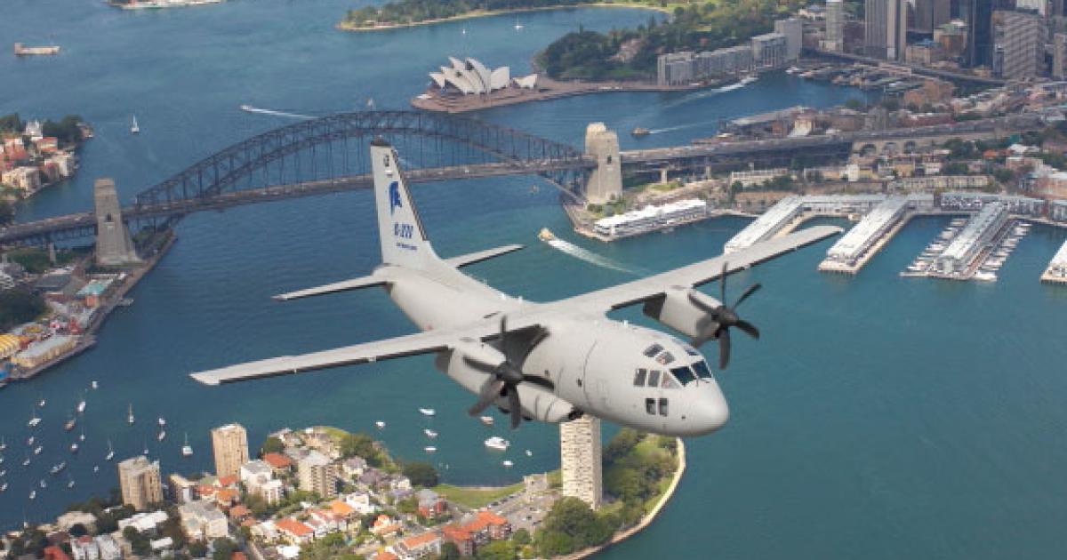The C-27J flies over Sydney Harbour during demonstrations to the RAAF, which has now ordered 10. (Photo: Alenia)