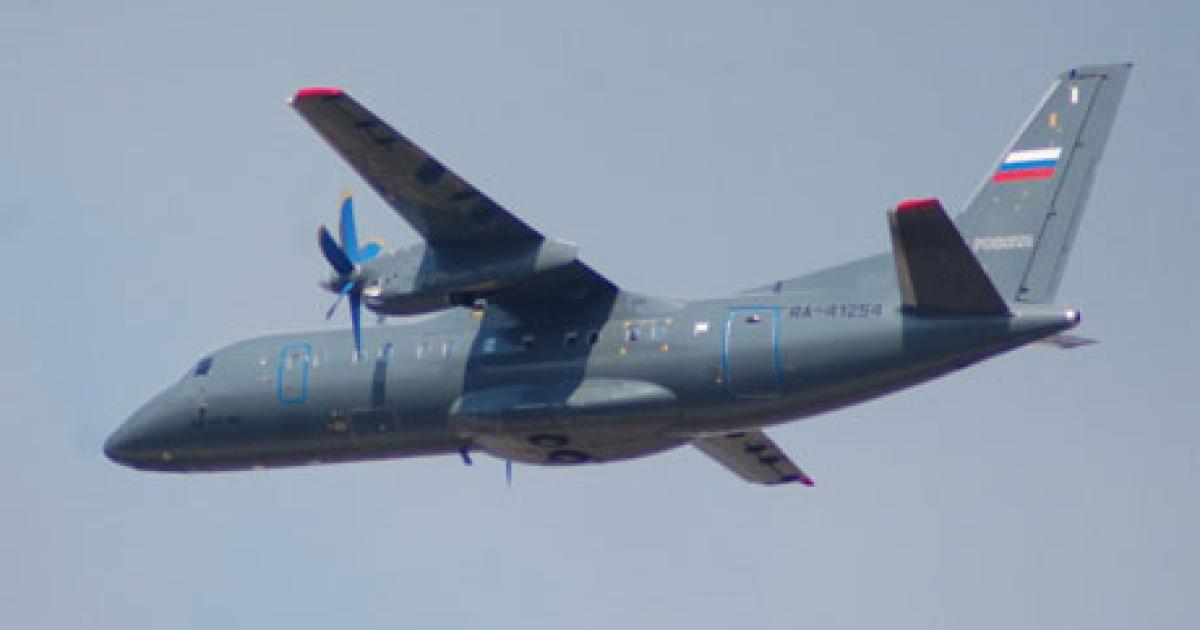 The An-140-100 has entered service with the Russian air force and navy. The Russian defense ministry wants Antonov to complete development of the An-140T version, equipped with a rear loading ramp, so that the type can replace aging An-24 and An-26 airlifters. (Photo: Chris Pocock)