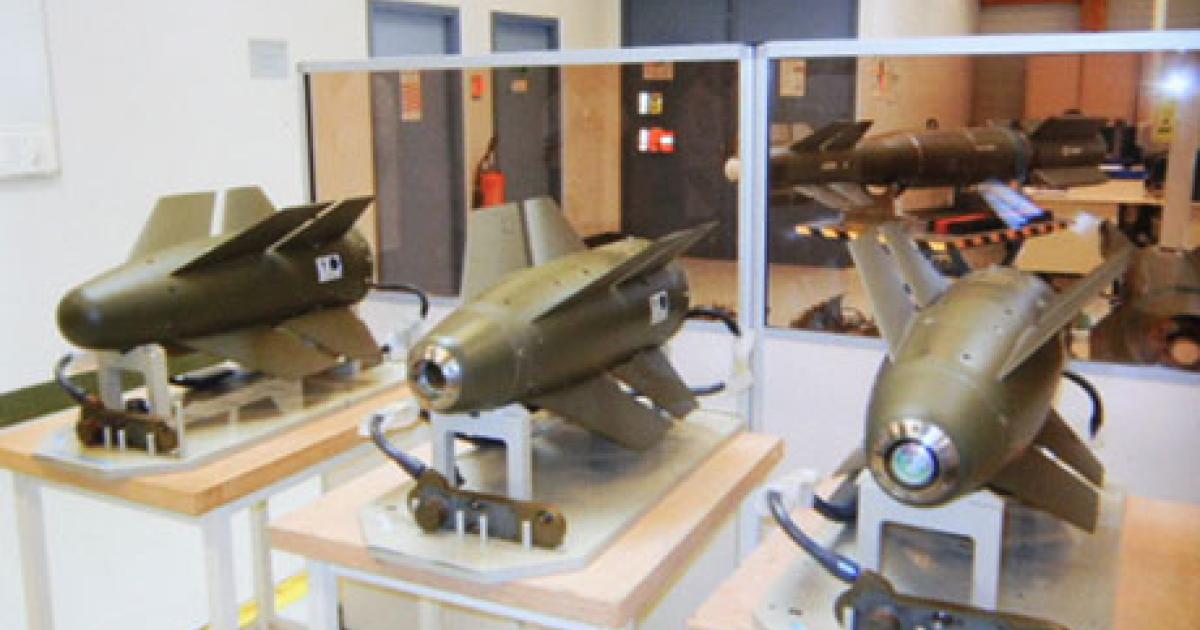 The three versions of the Sagem AASM air-ground weapon are seen in this line-up, with (left to right) GPS/INS, IR and laser guidance. (Photo: Sagem) 