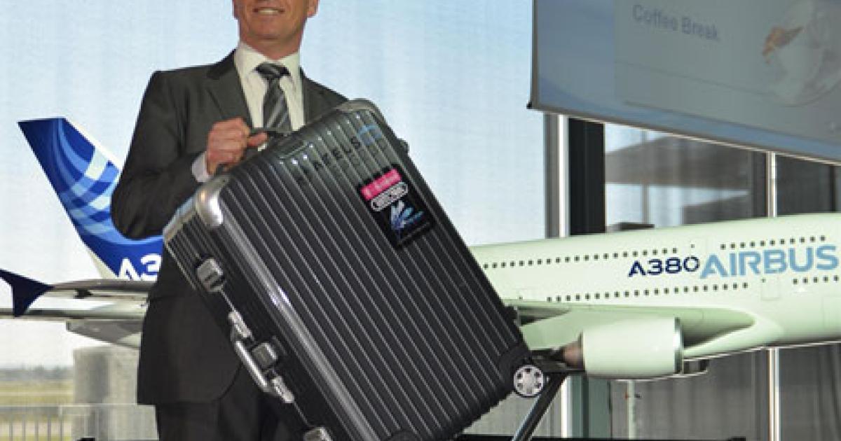 Airbus’s new chief innovations officer, Yann Barbaux, unveils the new Bag2Go concept, which uses RFID technology to track luggage at all stages of a journey. [Photo: Airbus]