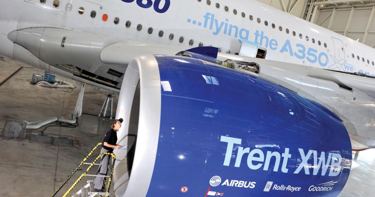 Rolls-Royce recently fitted the first Trent XWB engine on an A380 flying test bed as the A350XWB development gathers pace. Meanwhile, Airbus has started the assembly of the first A350XWB’s horizontal tailplane in Getafe, Spain.