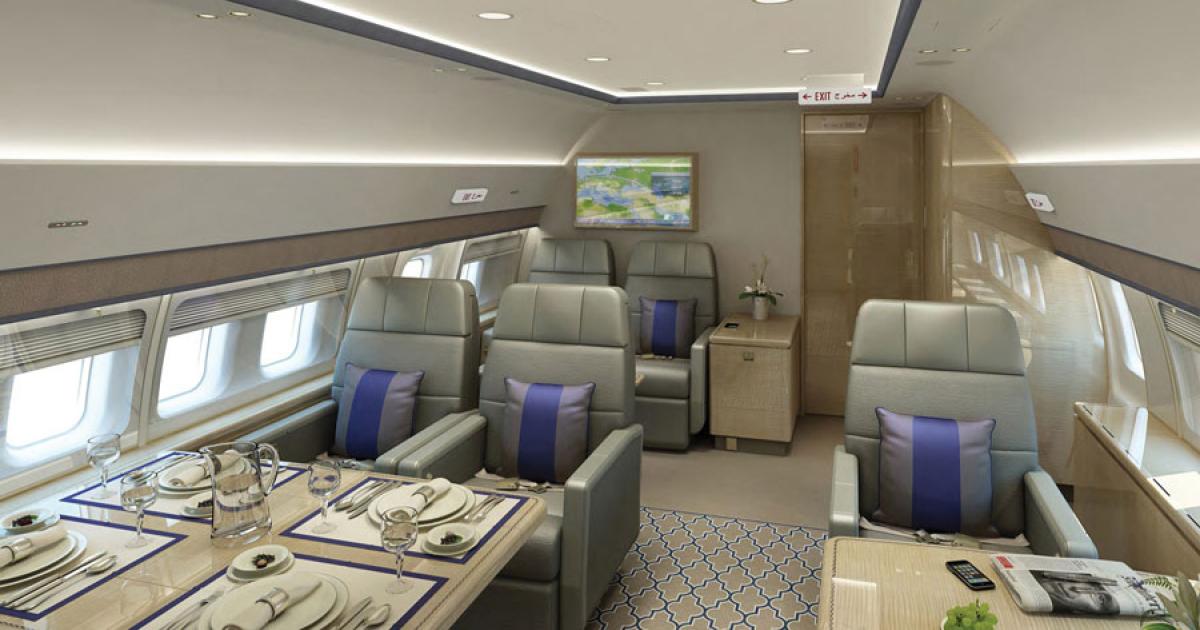 Boeing’s first production BBJ3, based on the 737-900ER, features a cabin interior  by Jet Aviation. 