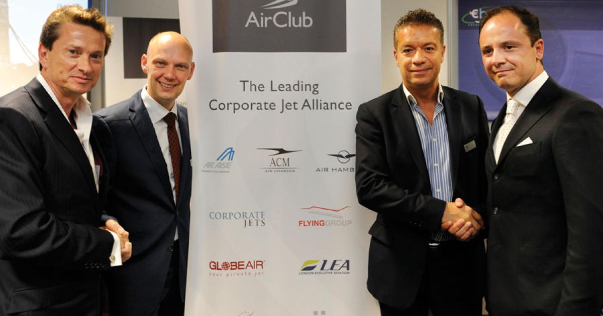 AirClub has signed London Executive Aviation (LEA) as its first member in the UK. Left to right: LEA’s Patrick Margetson-Rushmore; AirClub’s Christian Hatje; LEA’s George Galanopoulos, and Mauro de Rosa, deputy chairman of AirClub. (Photo: Mark Wagner)
