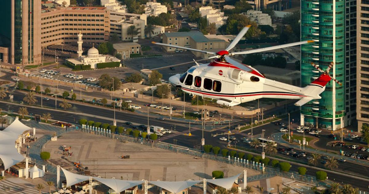 Abu Dhabi Aviation operates 54 helicopters, including this AgustaWestland AW139, and three DHC-8 turboprops.