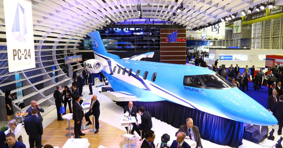 To great fanfare, Pilatus unveiled a mockup of the new PC-24 yesterday at EBACE 2013. (Photo: David McIntosh)