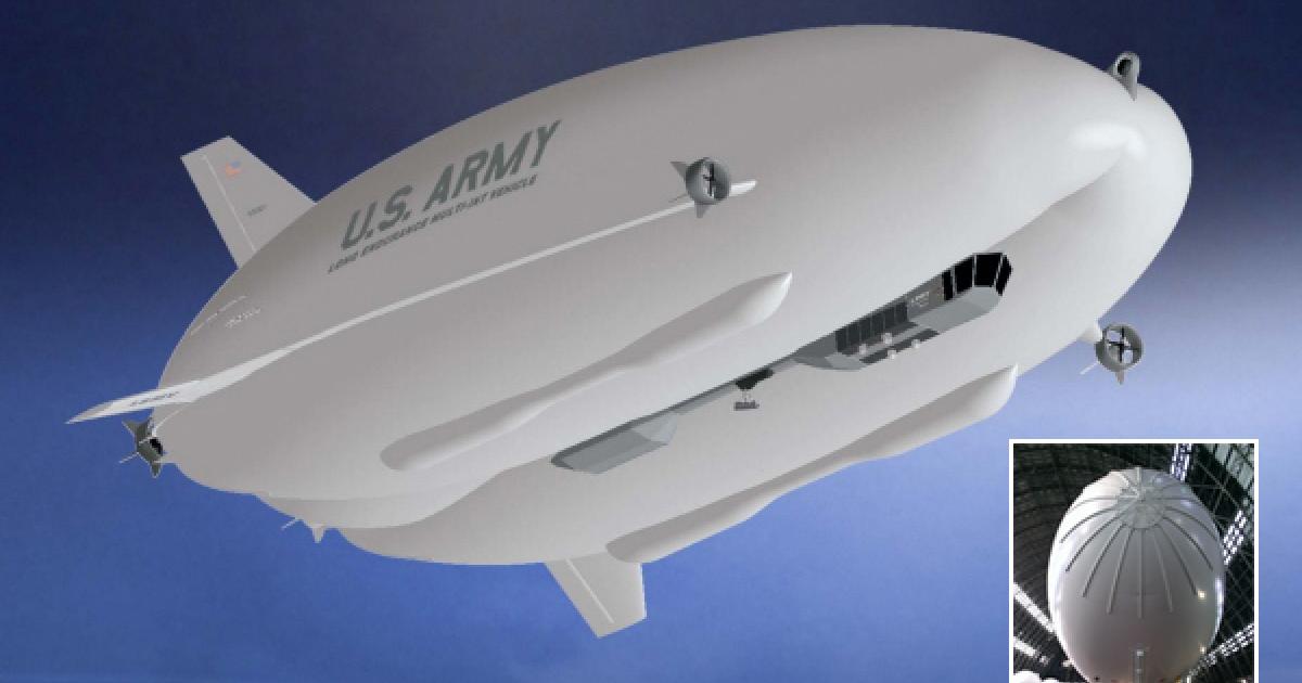Northrop Grumman said that the long-delayed first flight of the LEMV hybrid will take place next week. (Image: Northrop Grumman) Meanwhile, the U.S. Air Force has lost patience with the Blue Devil 2, inset, and wants to deflate the huge airship even before a first flight. (Photo: Mav6)  